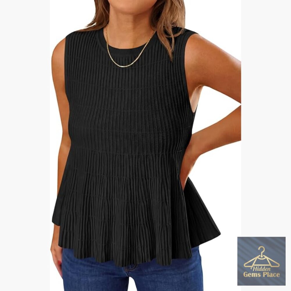 Sleeveless Peplum Ribbed Tank Top Crew Neck Summer Sweater Vest